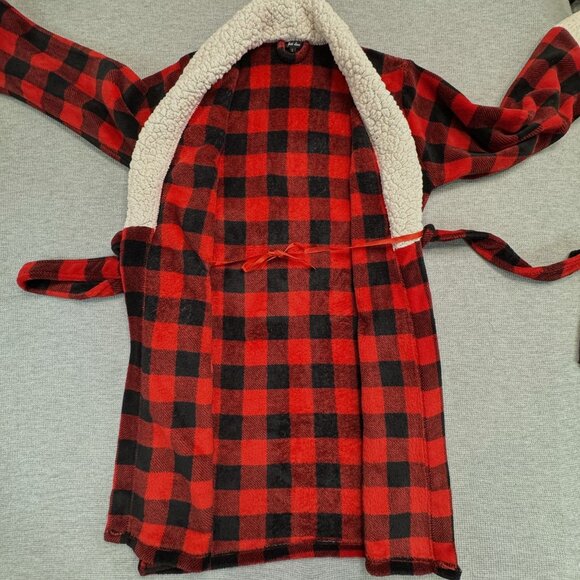 Red Black Buffalo Plaid Sherpa Fleece Robe Womens L Tie Waist Pockets Just Love - Picture 6 of 16